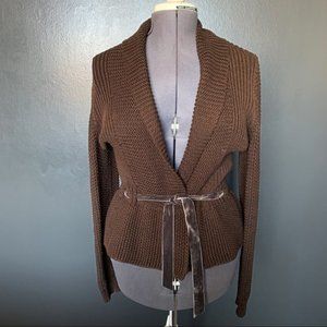 Lauren Ralph Lauren Velvet Tie Waist Brown Knit Cardigan Cotton Size Small
